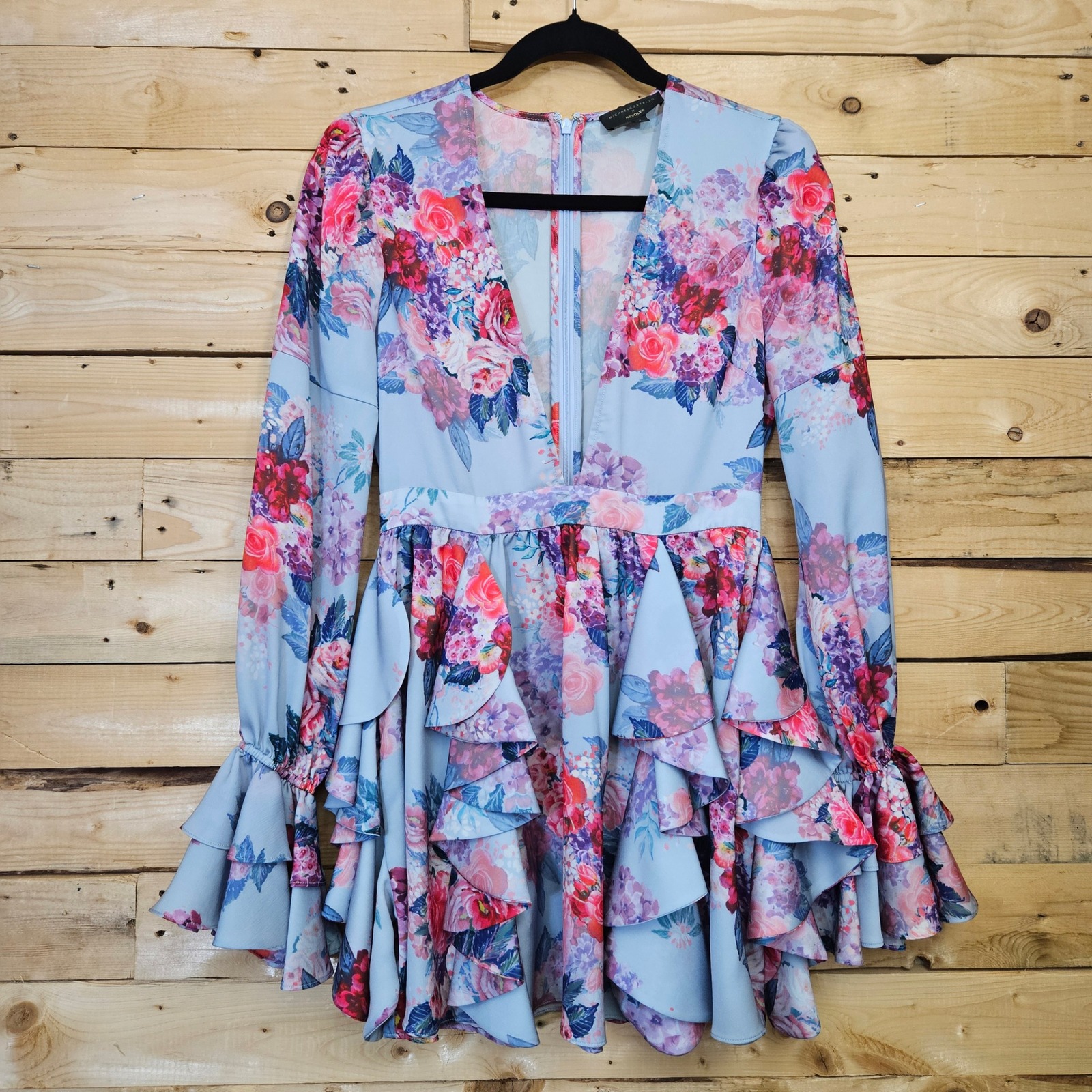 Michael Costello X Revolve Allana Floral Ruffle Mini Dress Blue Pink Plunging S
